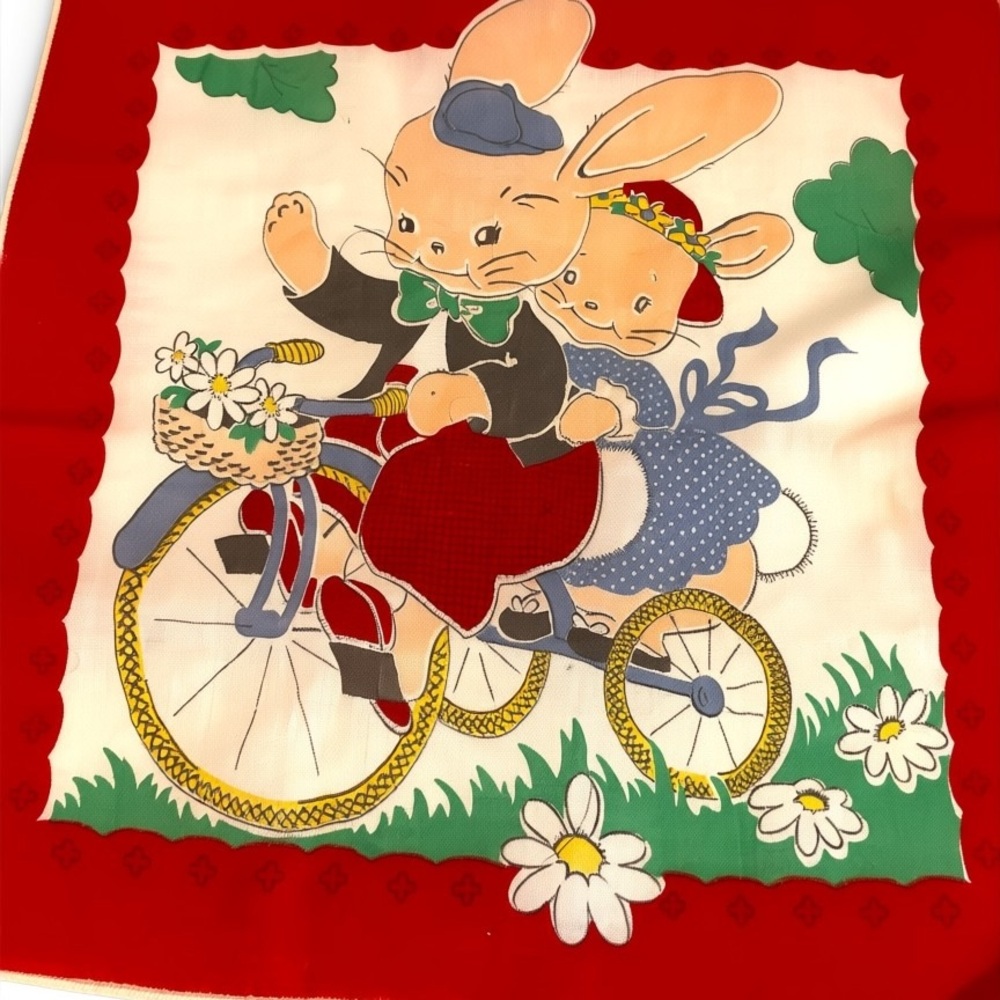 Vintage Bunny Bicycle Print Square 1940s Hanky Handkerchief- Red Border